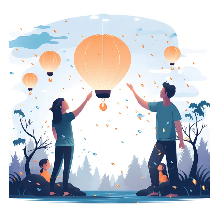 Family Releasing Sky Lanterns in the Evening