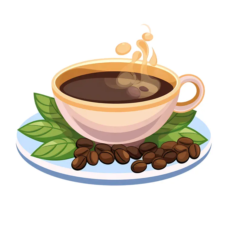 Steaming Coffee Cup with Beans and Leaves