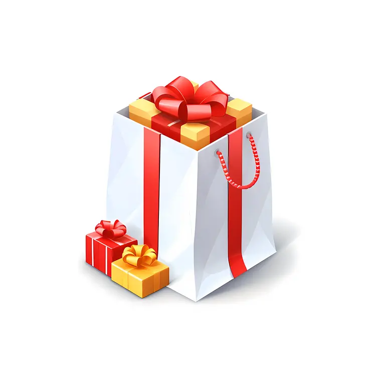 White Gift Bag with Red Ribbon and Presents
