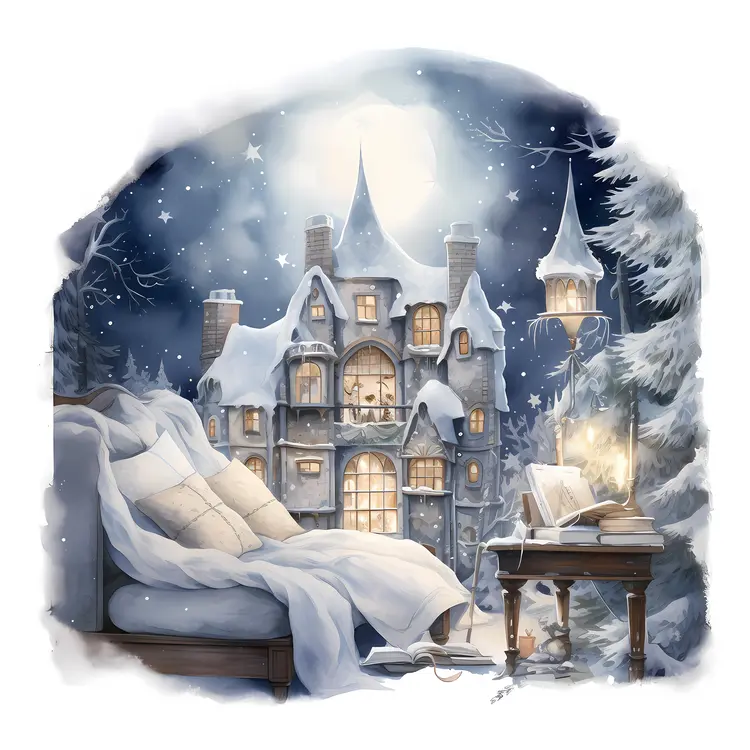 Cozy Snowy House with Bed and Books