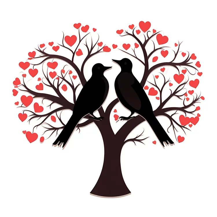 Romantic Birds on Heart Tree for Valentine's Day
