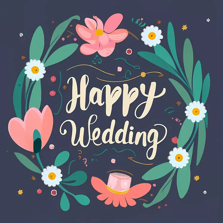 Happy Wedding with Floral Wreath