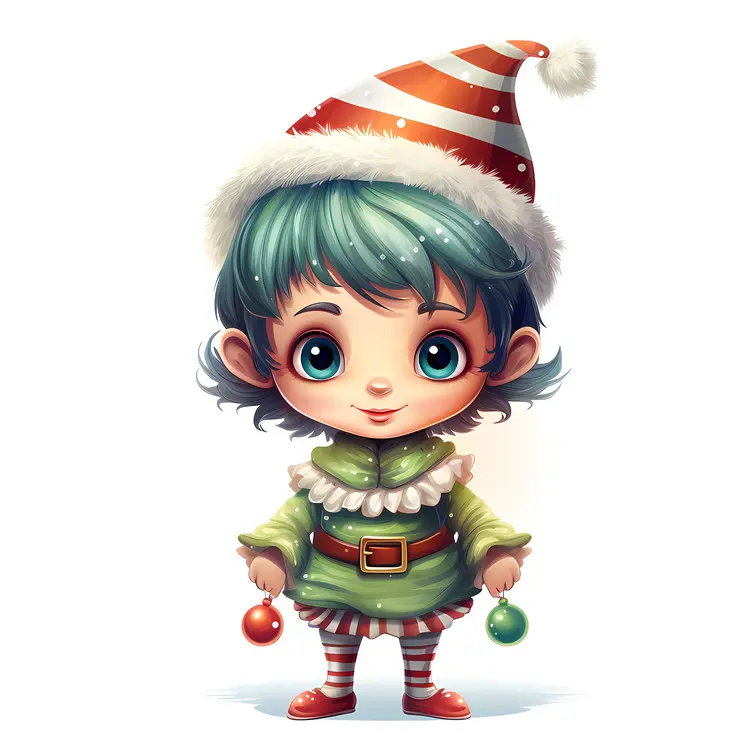 Sweet Elf with Ornaments in Green Outfit