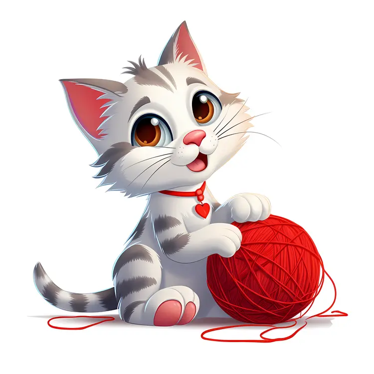 Cute Kitten Playing with Red Yarn Ball