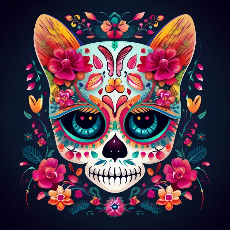 Colorful Cat Skull with Flowers for Day of the Dead Celebration