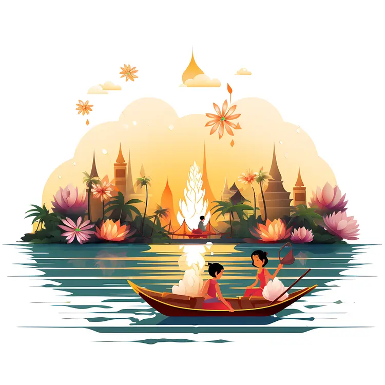People in Boat with Lotus and Water