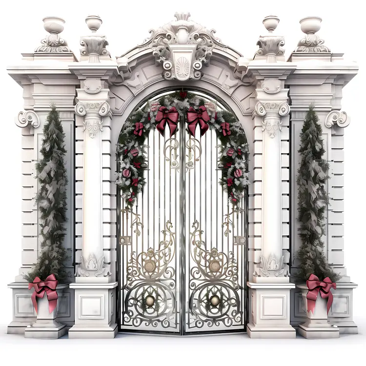 Ornate Gate with Christmas Wreaths and Bows