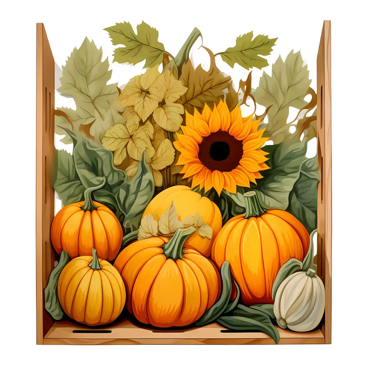 Sunflowers and Pumpkins in Wooden Container