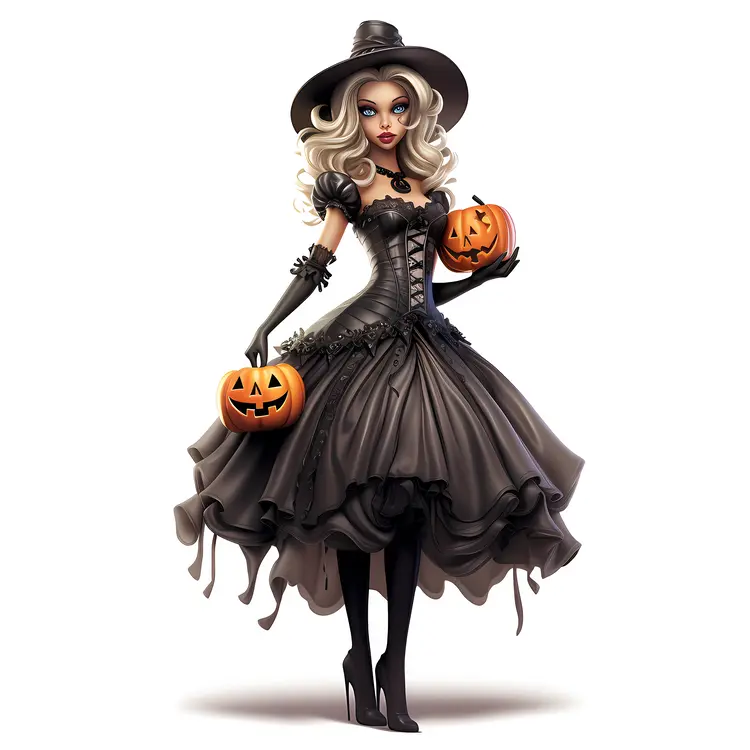 Blonde Halloween Witch with Pumpkins