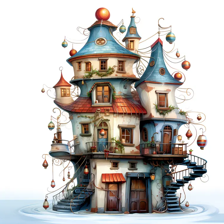 Whimsical house decorated for Christmas
