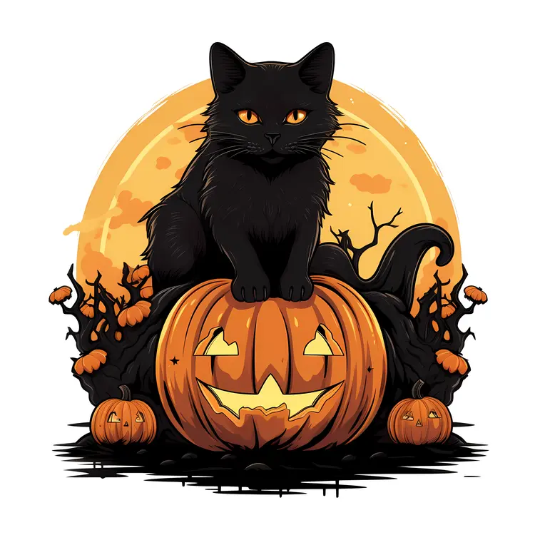 Black Cat on Jack-o'-Lantern with Full Moon