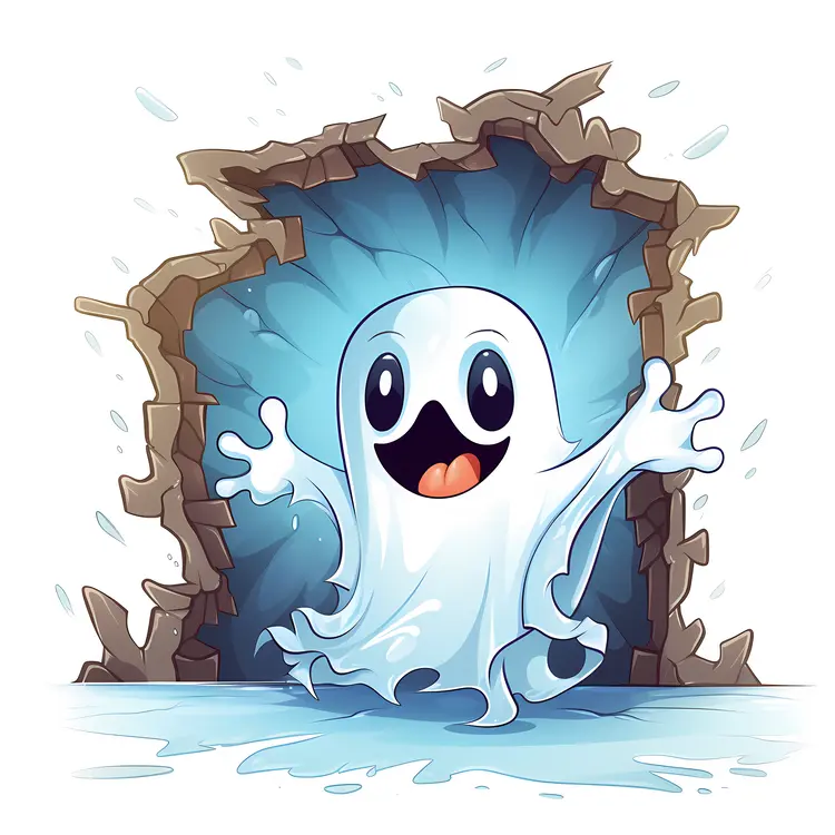 Cute Cartoon Ghost Breaking Through Wall