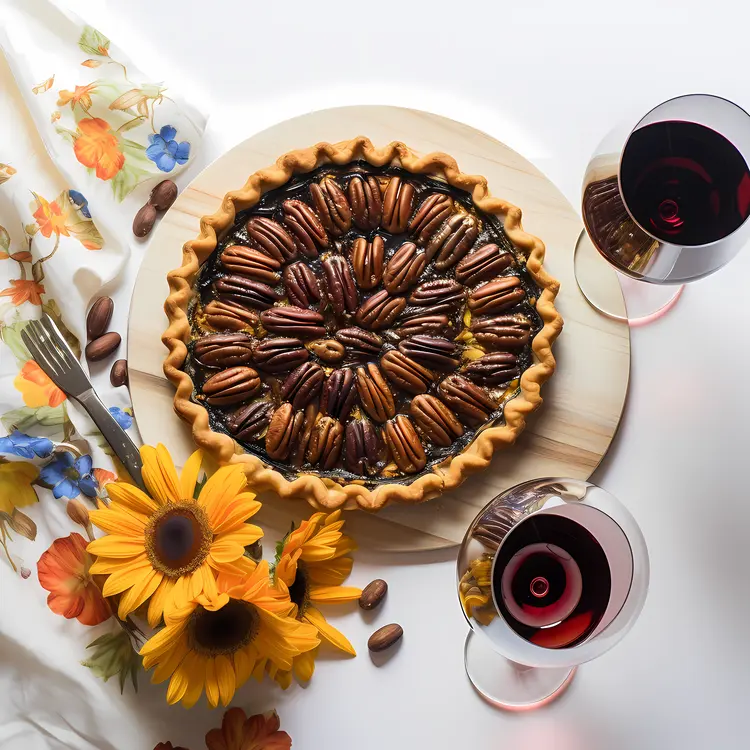 Delicious Pecan Pie with Wine and Sunflowers for Thanksgiving