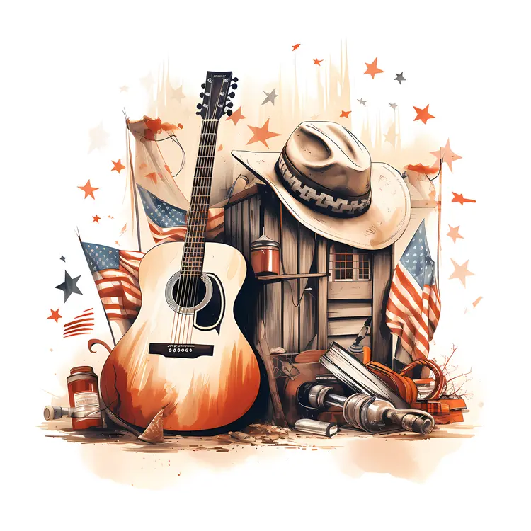 Patriotic Guitar with Hat and American Flags