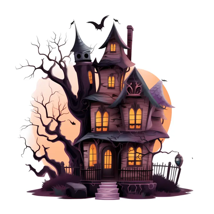 Spooky Haunted House with Bats and Pumpkins