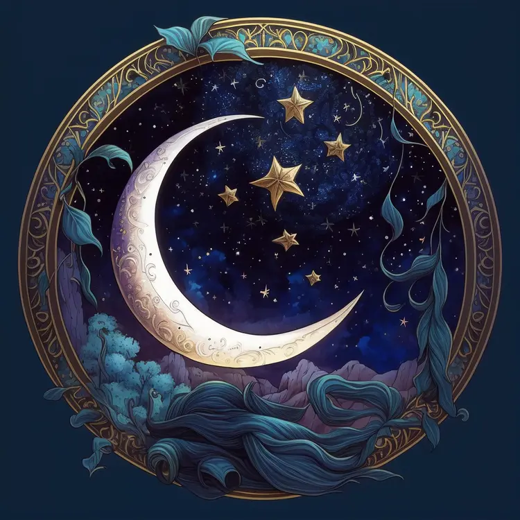 Mystical Crescent Moon with Stars in Night Sky