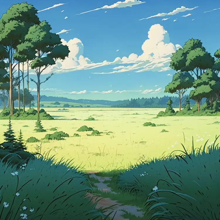 Beautiful Meadow Landscape with Trees and Blue Sky
