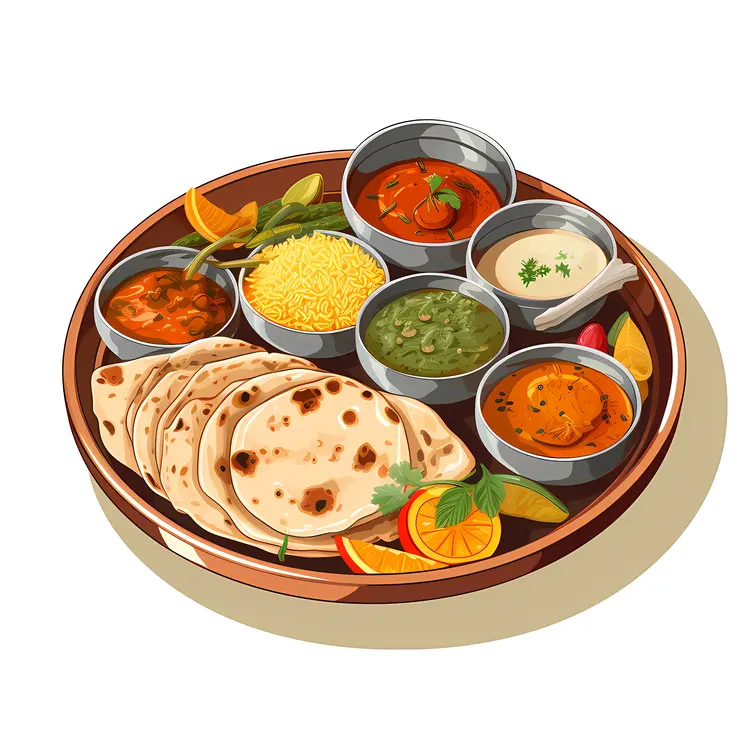Sumptuous Indian Thali with Roti and Curries