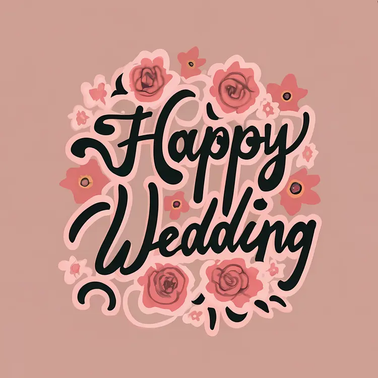 Happy Wedding Text with Flowers on Pink Background