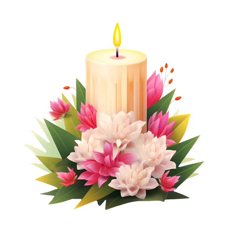 White Candle with Pink and White Flowers