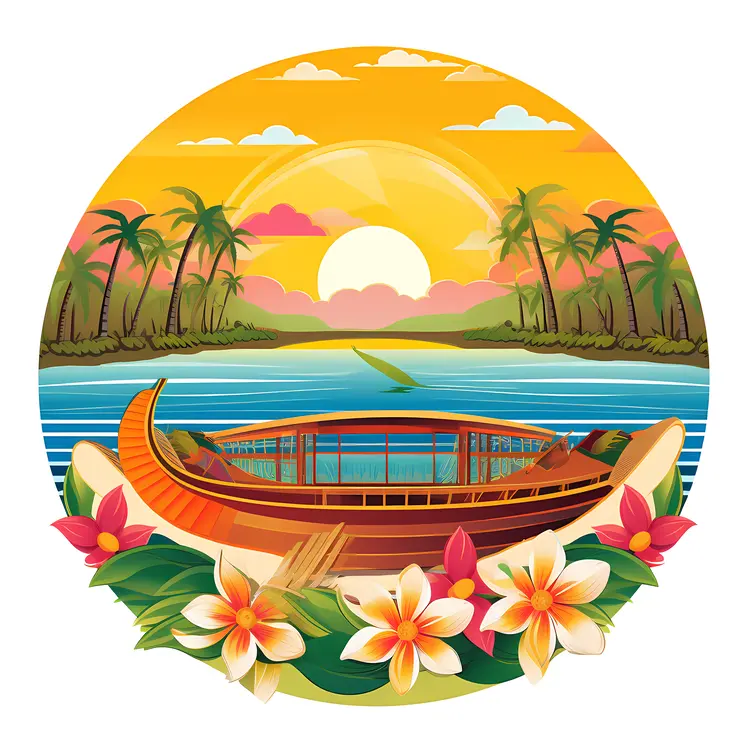 Boat at tropical sunset with flowers