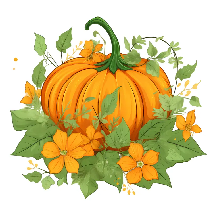 Orange Pumpkin with Leaves and Flowers