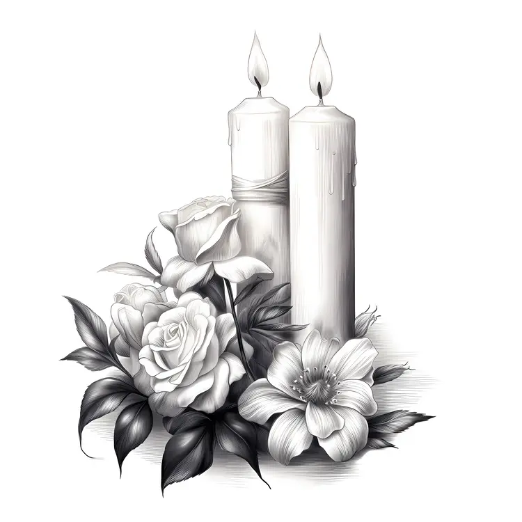 White Candles with Roses and Lilies in Monochrome