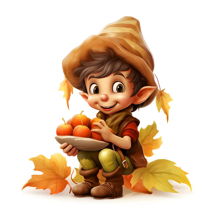 Cute Elf with Apples and Autumn Leaves