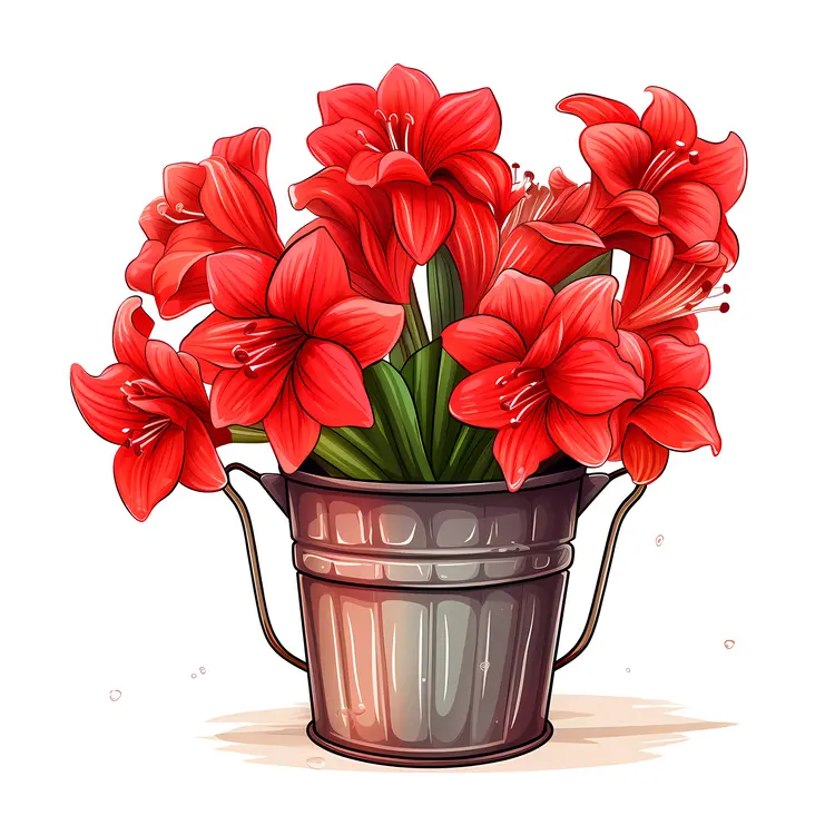 Red Flowers in a Metal Flower Pot