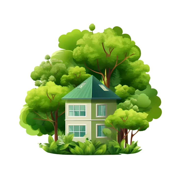 Small cute doodle house surrounded by trees