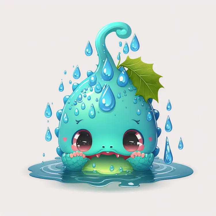 Cute Monster with Water Droplets and Leaf