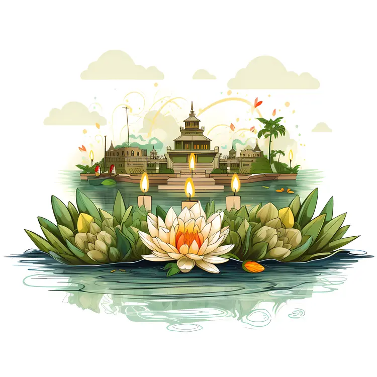White Lotus Flower with Candles and Water