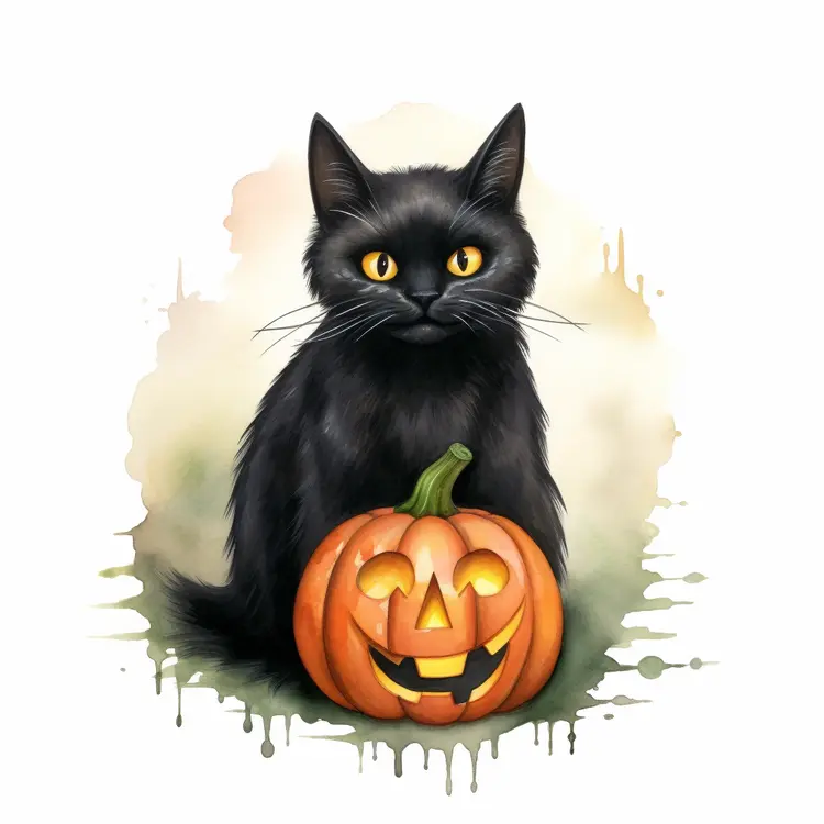 Black Cat with Halloween Pumpkin