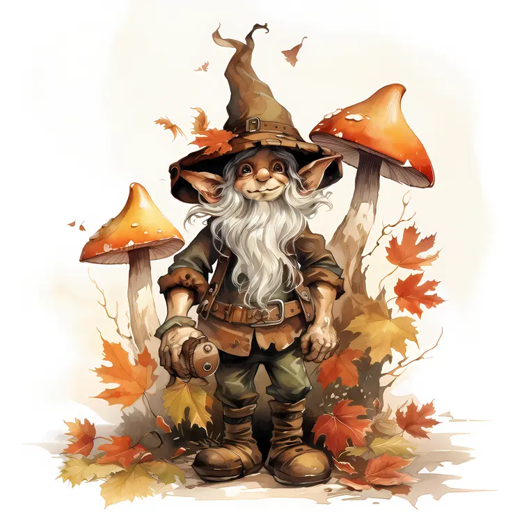 Old Elf with Mushrooms and Autumn Leaves