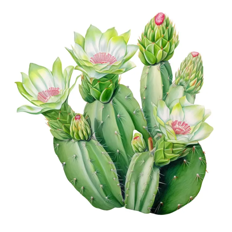 Green Cactus with White Flowers Illustration
