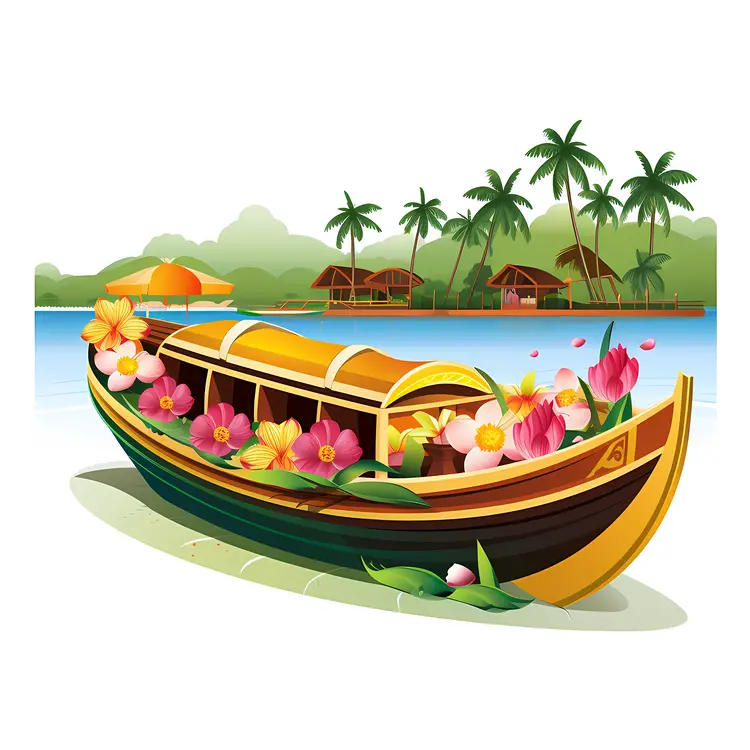 Flower-adorned Houseboat in Tropical Setting