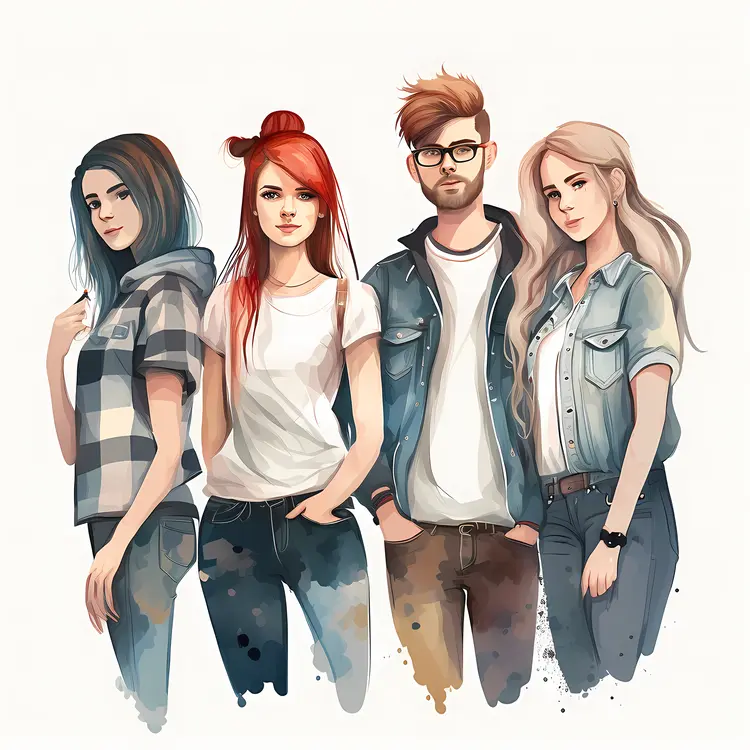 Casual Group of Young Adults in Fashionable Clothing Illustration