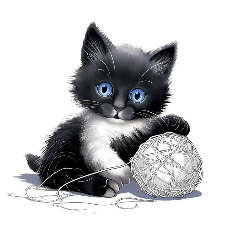 Adorable Black and White Kitten with Yarn Ball