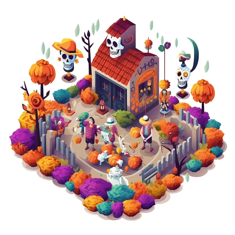 Halloween House with Pumpkins and Skeletons