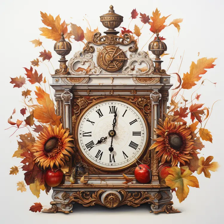 Antique Clock with Autumn Leaves and Sunflowers