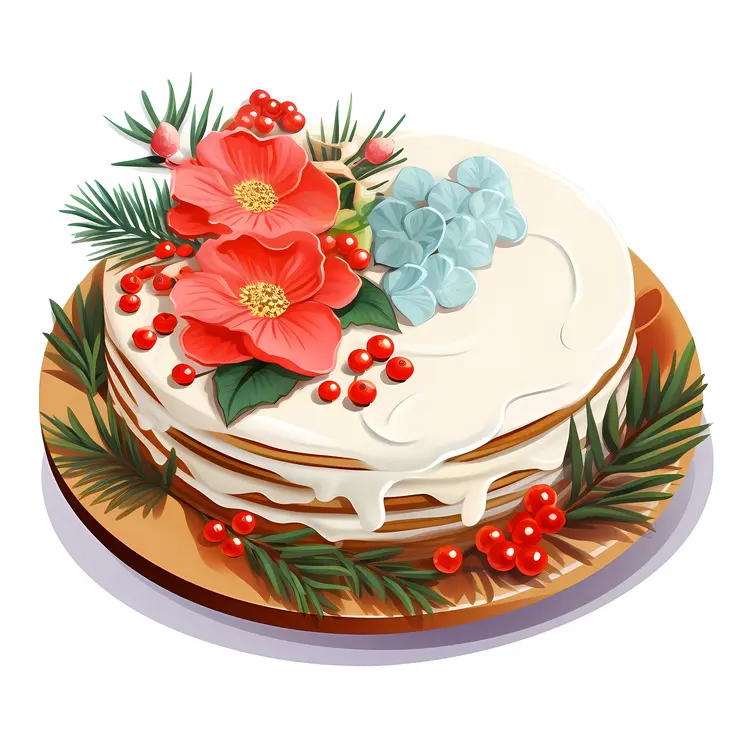 Christmas Cake with Flowers and Berries