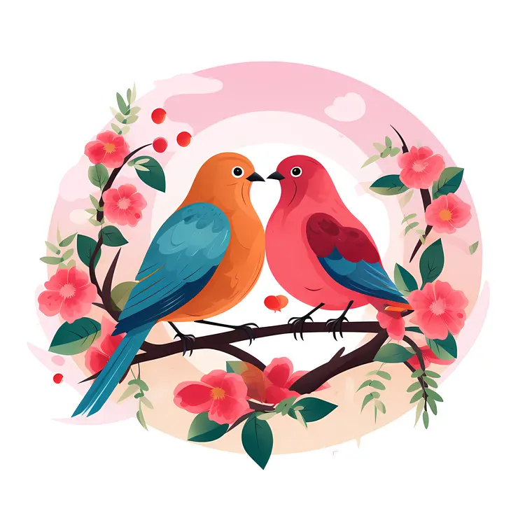Colorful Birds on a Branch with Pink Flowers