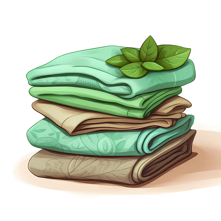 Stack of Folded Green Fabrics with Leaves