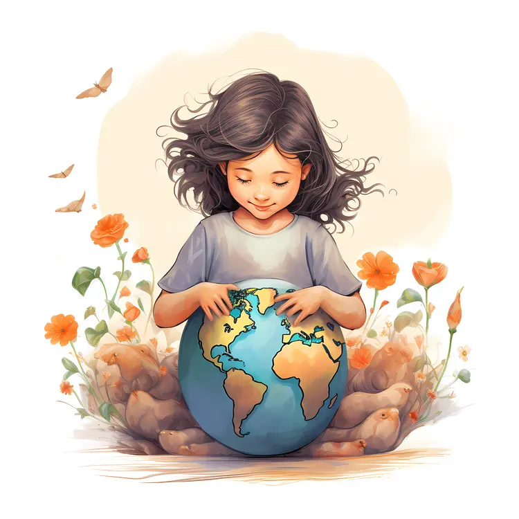 Girl Holding Globe Surrounded by Flowers