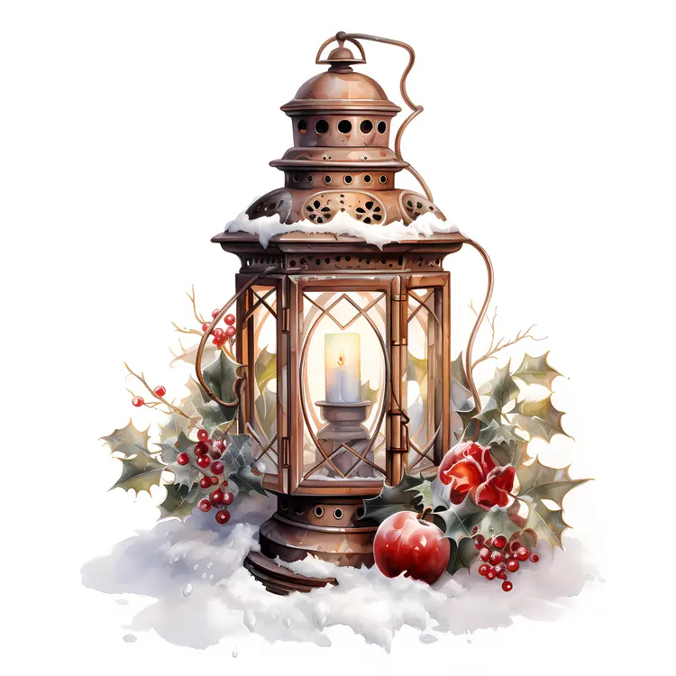 Bronze Lantern with Holly and Snow