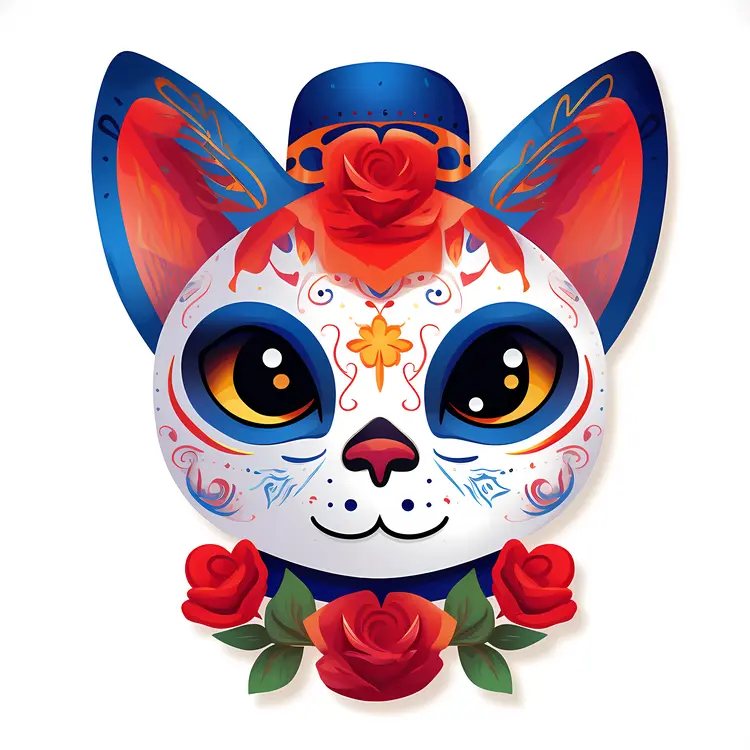 Colorful Cat Mask with Roses for Day of the Dead Celebration