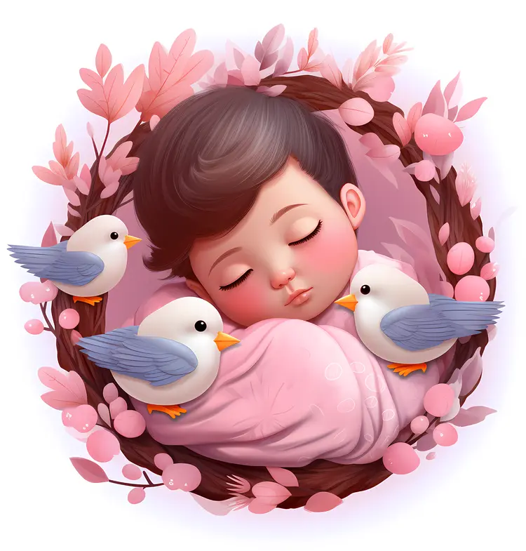 Sleeping Baby with Blue Birds in a Nest