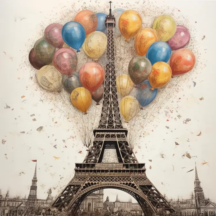 Eiffel Tower with Colorful Balloons in Paris Celebration