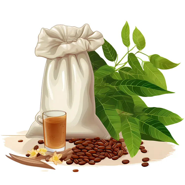 Bag of Coffee Beans with Leaves and a Cup of Coffee