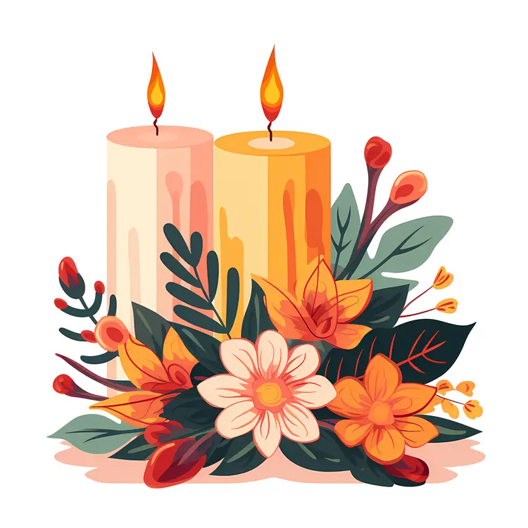 Two Candles with Colorful Flowers